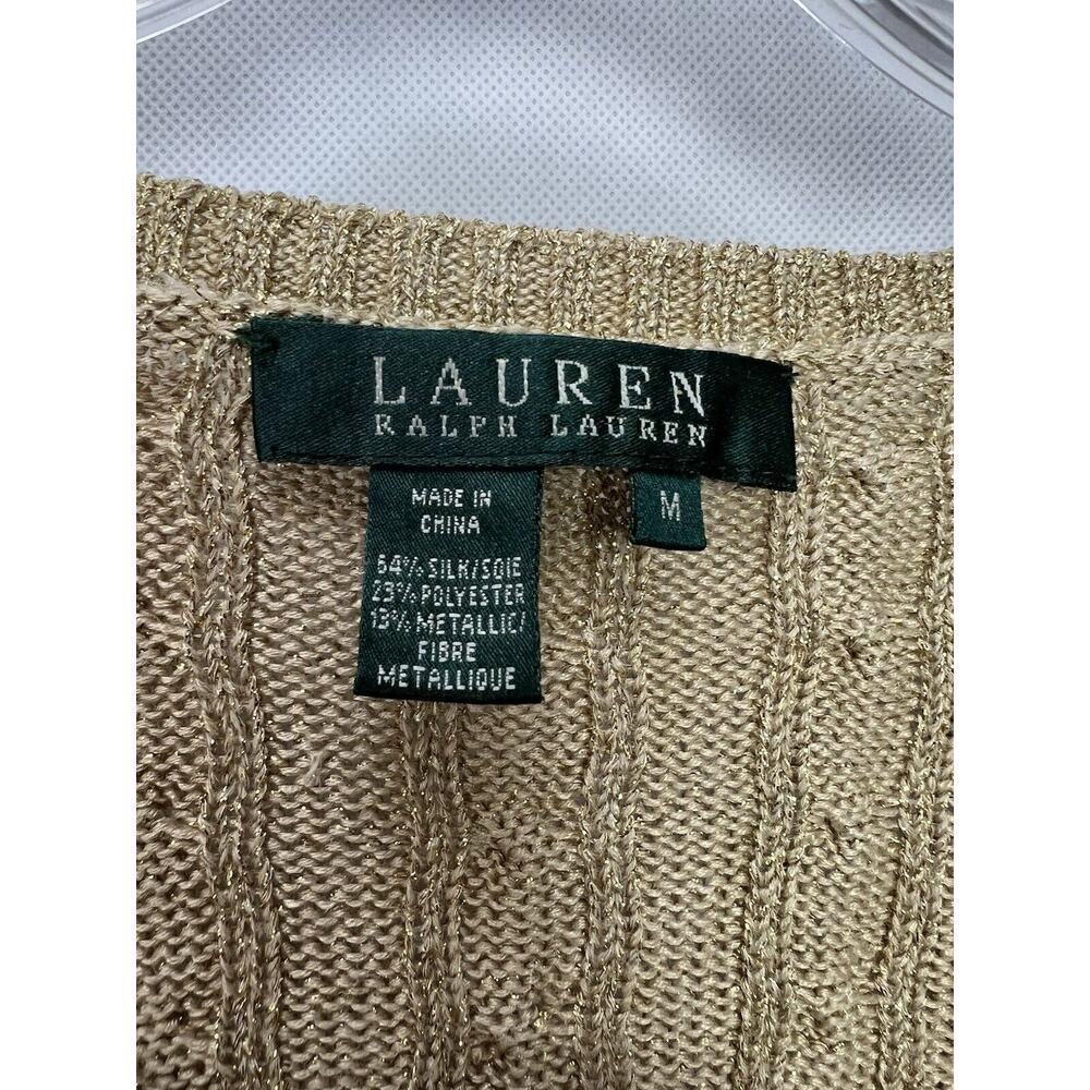 Lauren Ralph Lauren Metallic Gold Foil Cable Knit Pullover Sweater V Neck Medium - Picture 2 of 6